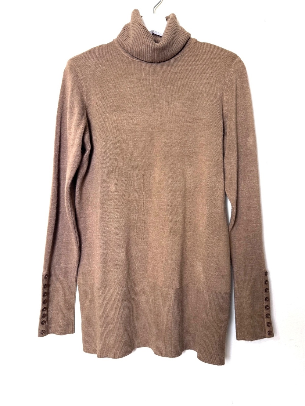 Brown turtleneck sweater tunic length long sleeve button details size M